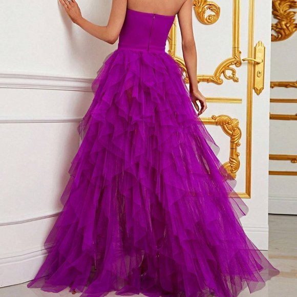 Purple Preppy Womens Split Thigh Mesh Overlay Tube Dress - Picture 3 of 5